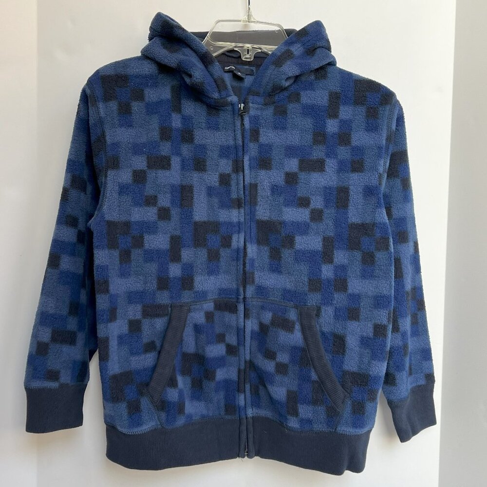 GAP KIDS Boys Full Zip Polar Fleece Hoodie Jacket Size L Blue Pixel Print EUC